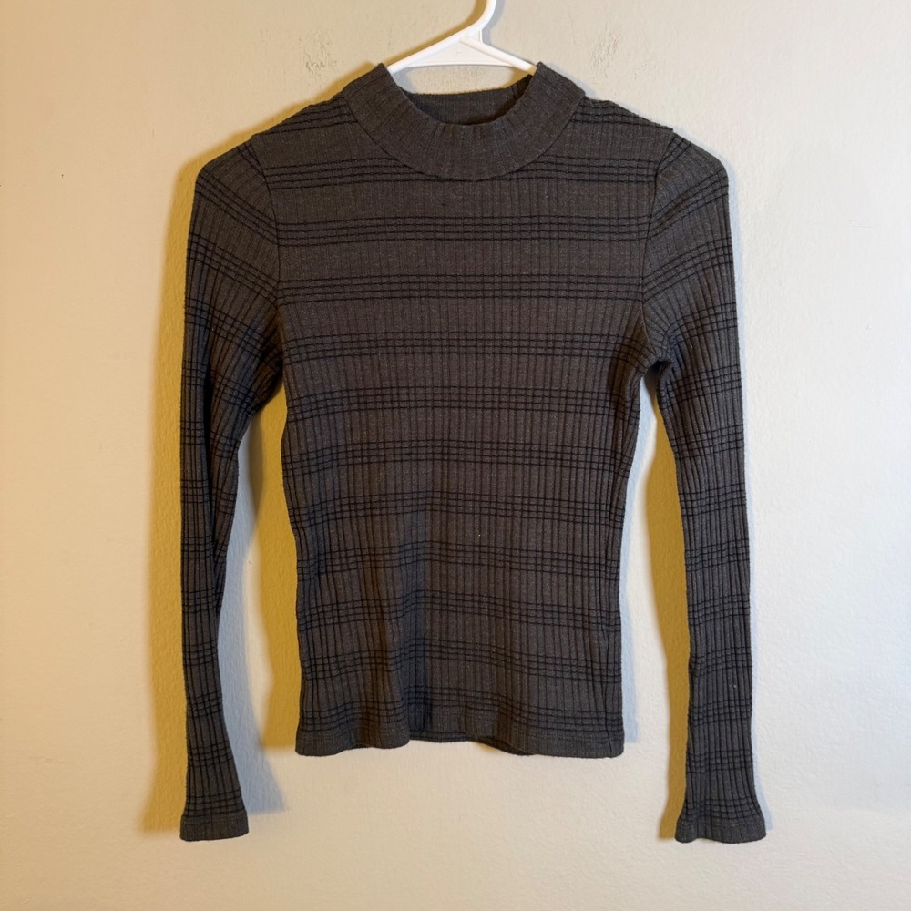 Vince Womens XS Charcoal Grey Striped Ribbed‎ Mock Neck Long Sleeve Top RN106730